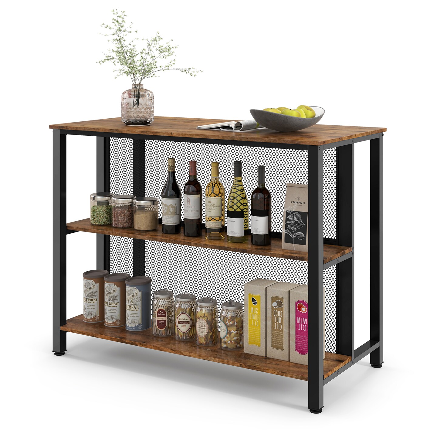 36 Inch 3-Tier Bar Table with Storage Metal Frame Adjustable Foot Pads for Dining Room