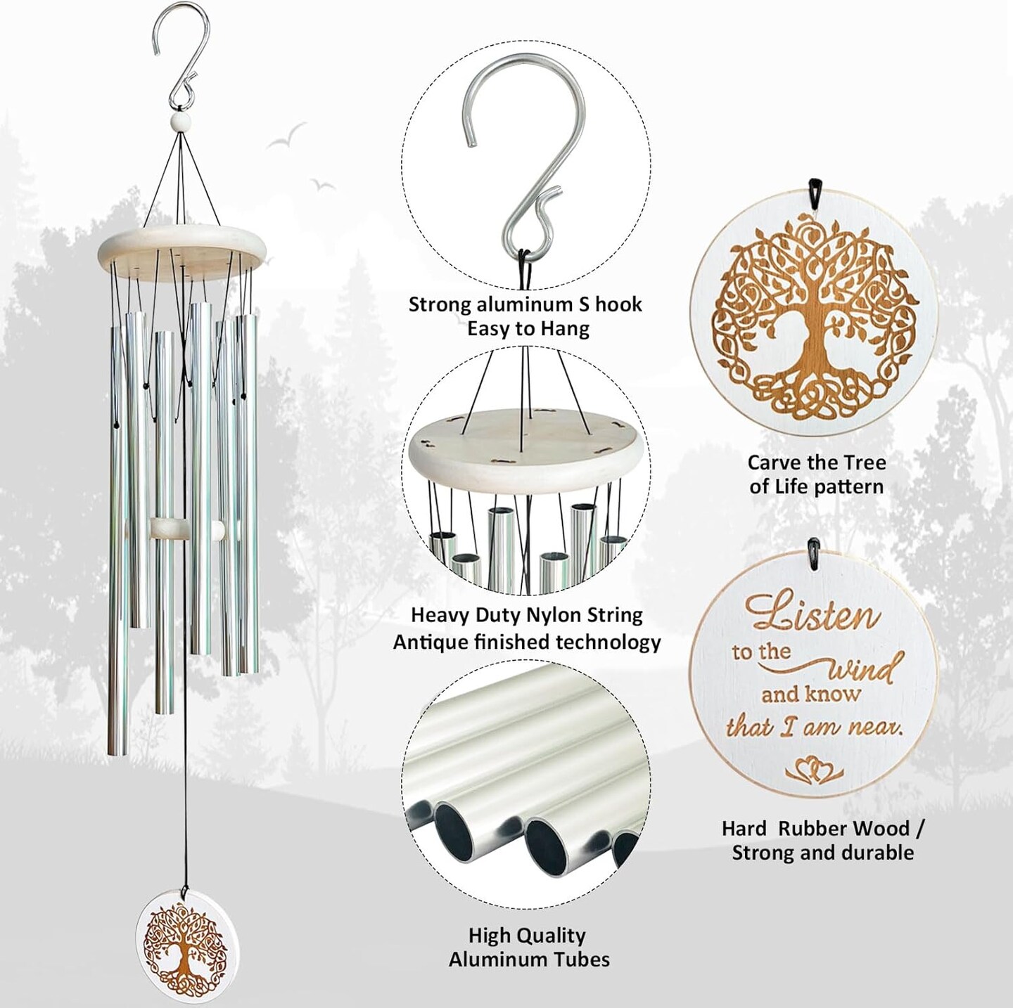 Wind Chimes Outdoors,33&#x22; WindChimes for Loss of Loved One,Memorial/Sympathy Gifts for Mother/Unisex/Father,Tree of Life Wind Chimes for Outside Zen Garden Home Yard Decoration (Silver)