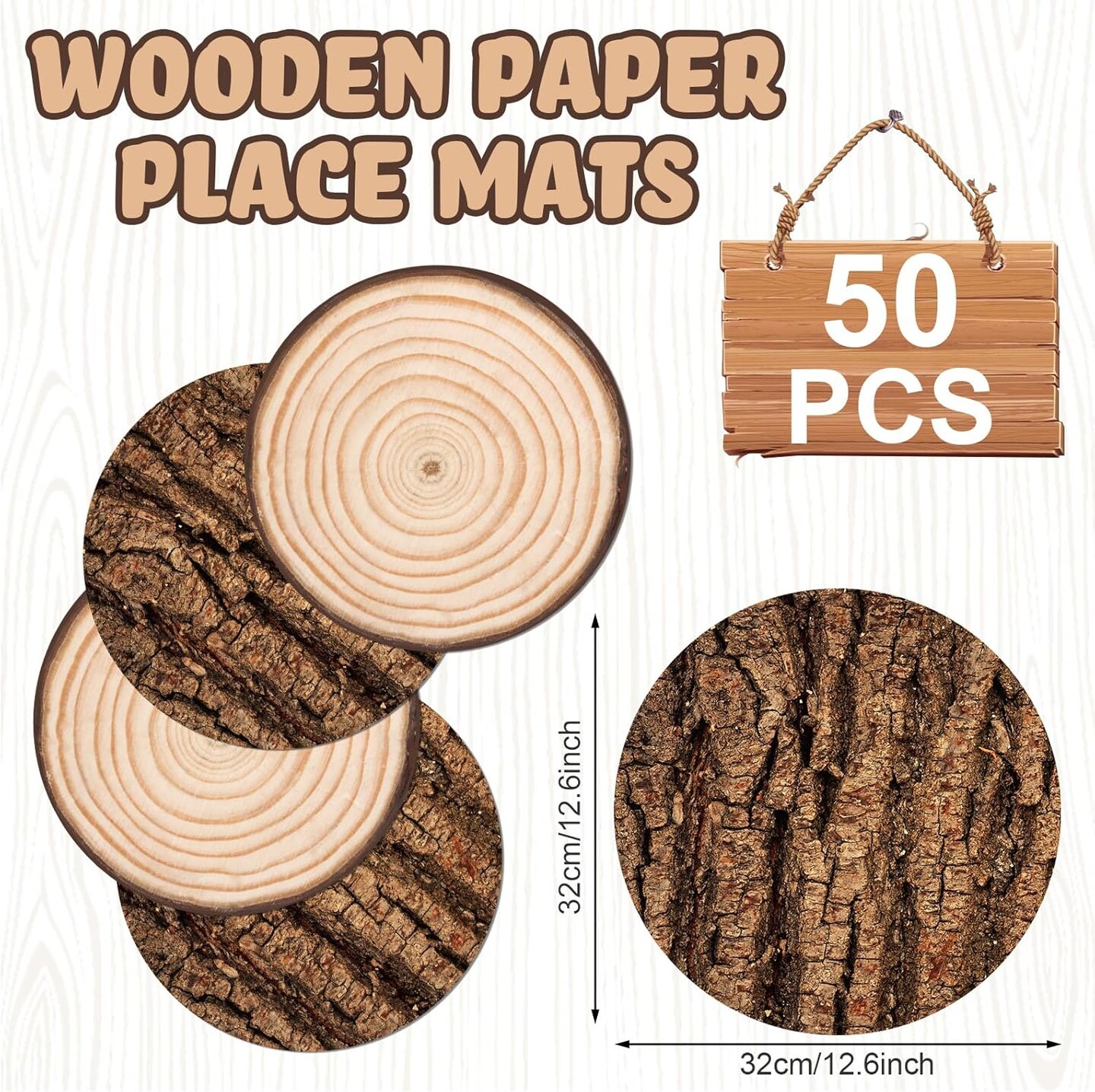 50 Pcs Disposable Wooden Slice Paper Place Mats Round Rustic Brown Table Mats Wood Grain Placemat Bulk for Farmhouse Tan Wedding Baby Shower Birthday Party Table Setting Supplies Decor