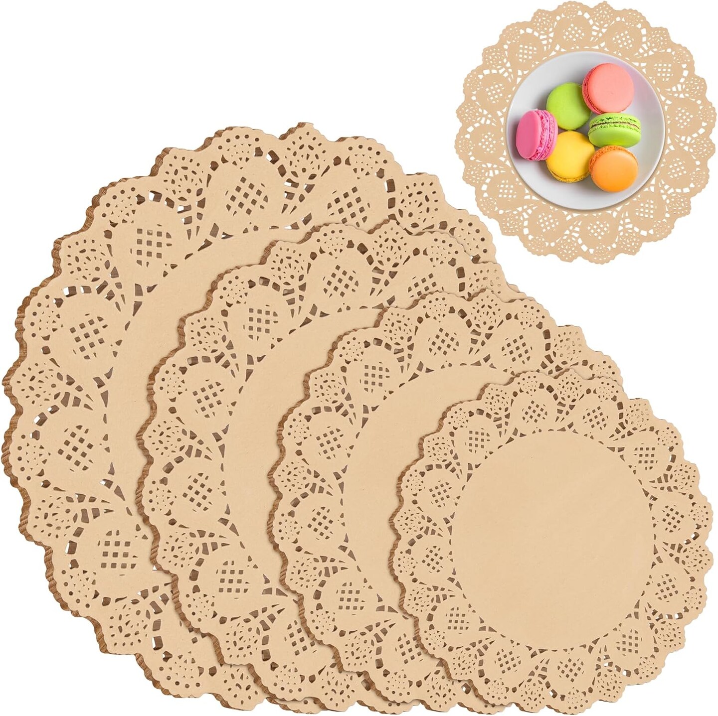 200 Pack Round Brown Lace Paper Doilies Disposable Decorative Paper Placemats Assorted Size 6.5, 8.5, 10.5, 12 inch Table Paper Pad Mats for Buffet Cake Food Party Wedding Tableware Decoration