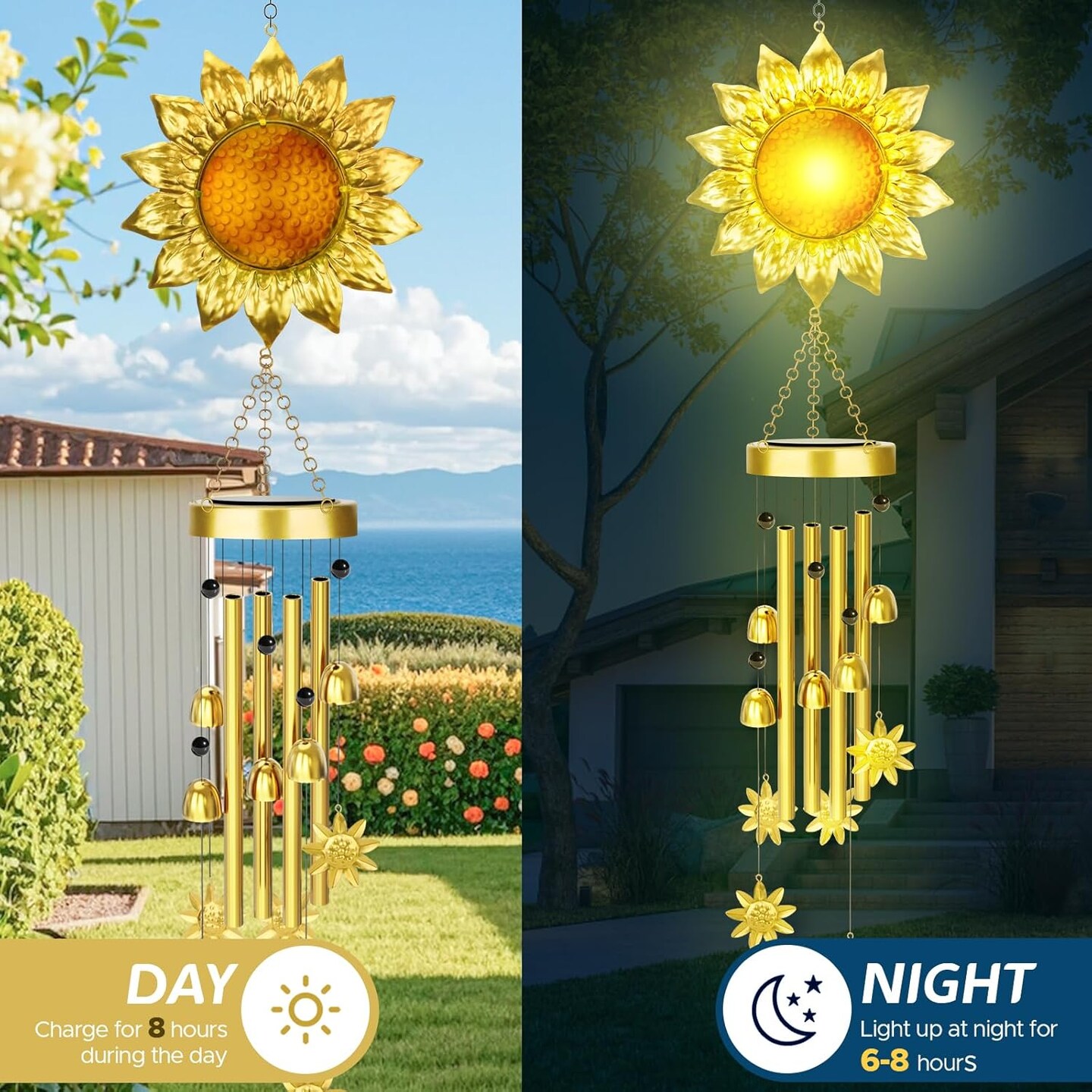 Sunflower Solar Wind Chimes for Outside, Waterproof Metal and Glass Wind Chimes Outdoors