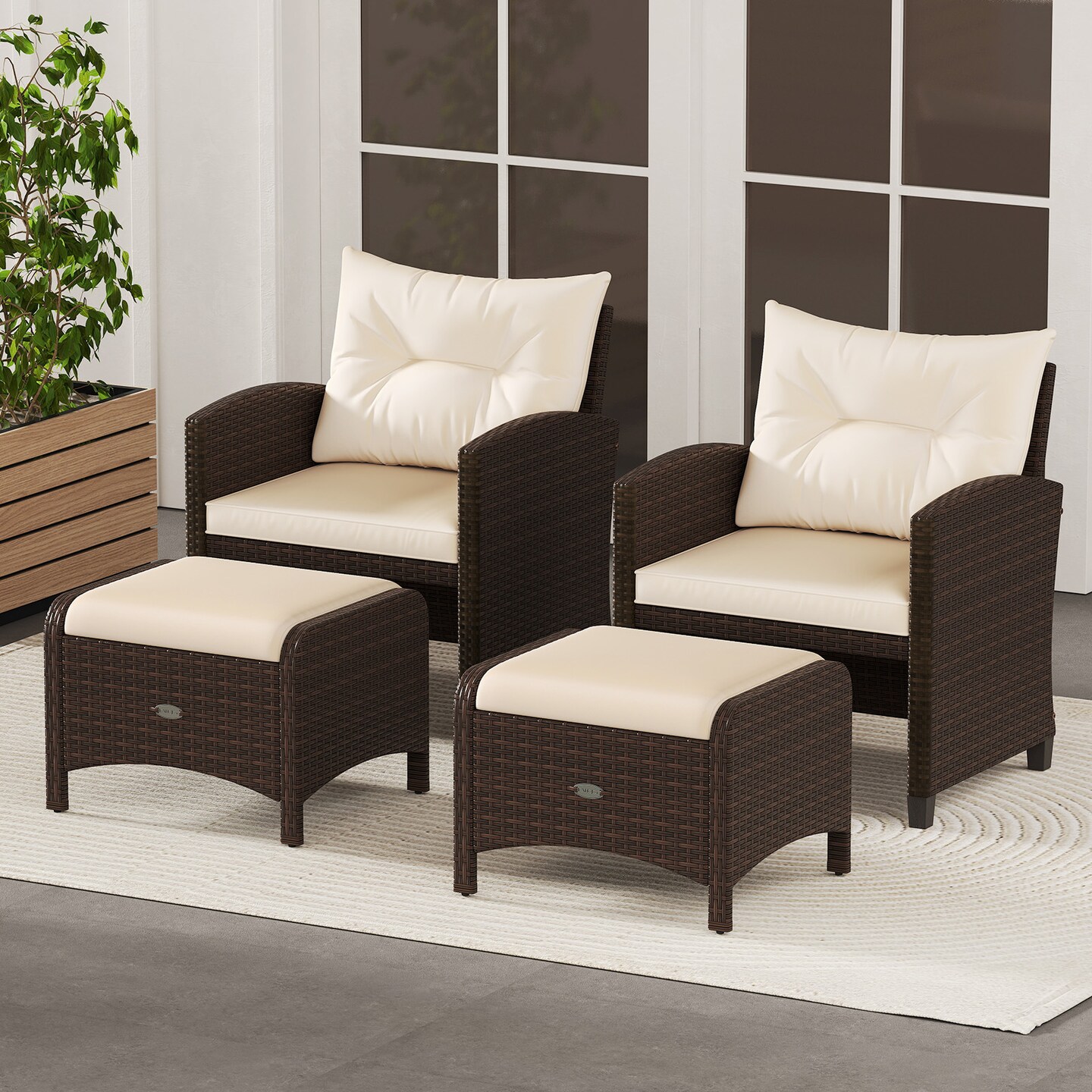 2 Pieces Patio PE Wicker Ottomans with Removable Cushions and Metal Frame