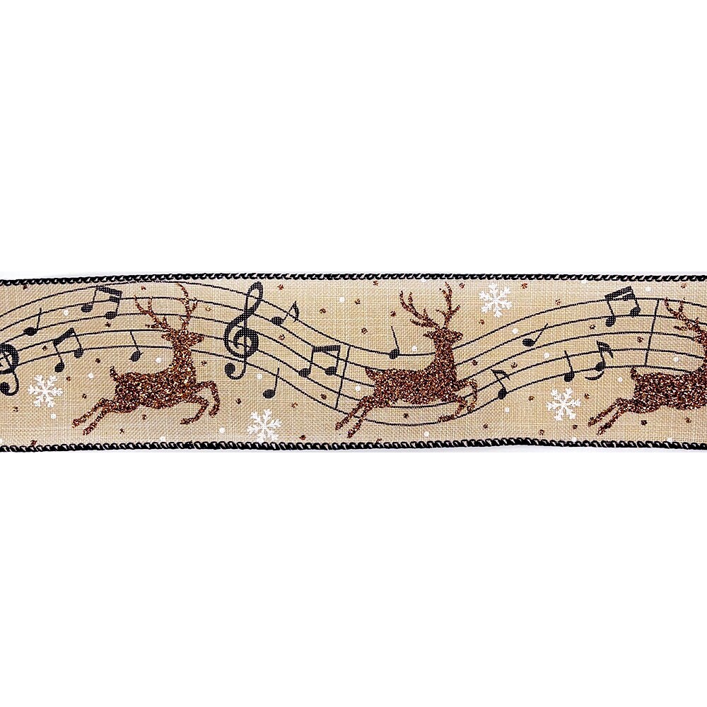 Designer&#x2019;s Shop Christmas Musical Glitter Reindeer wired edge ribbon WR 63-5173 2.5&#x201D; x 10 yards