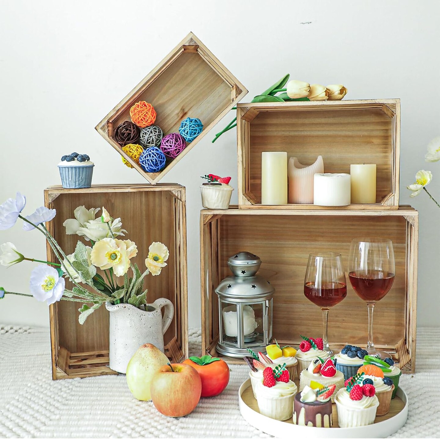 Set of 4 Large Torched Wood Decorative Storage Crates, Nesting Wooden Crates for Display Rustic, Farmhouse Wooden Storage Container Boxes Made from 100% Wood