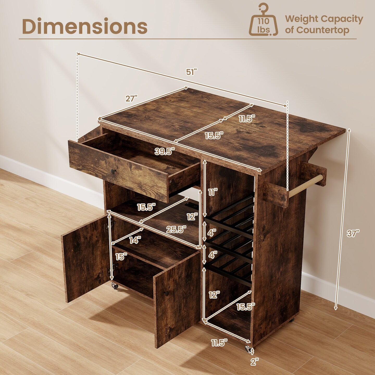 Kitchen Island Cart, Engineered Wood, Wine Rack, USB and AC Charging, Lockable Wheels