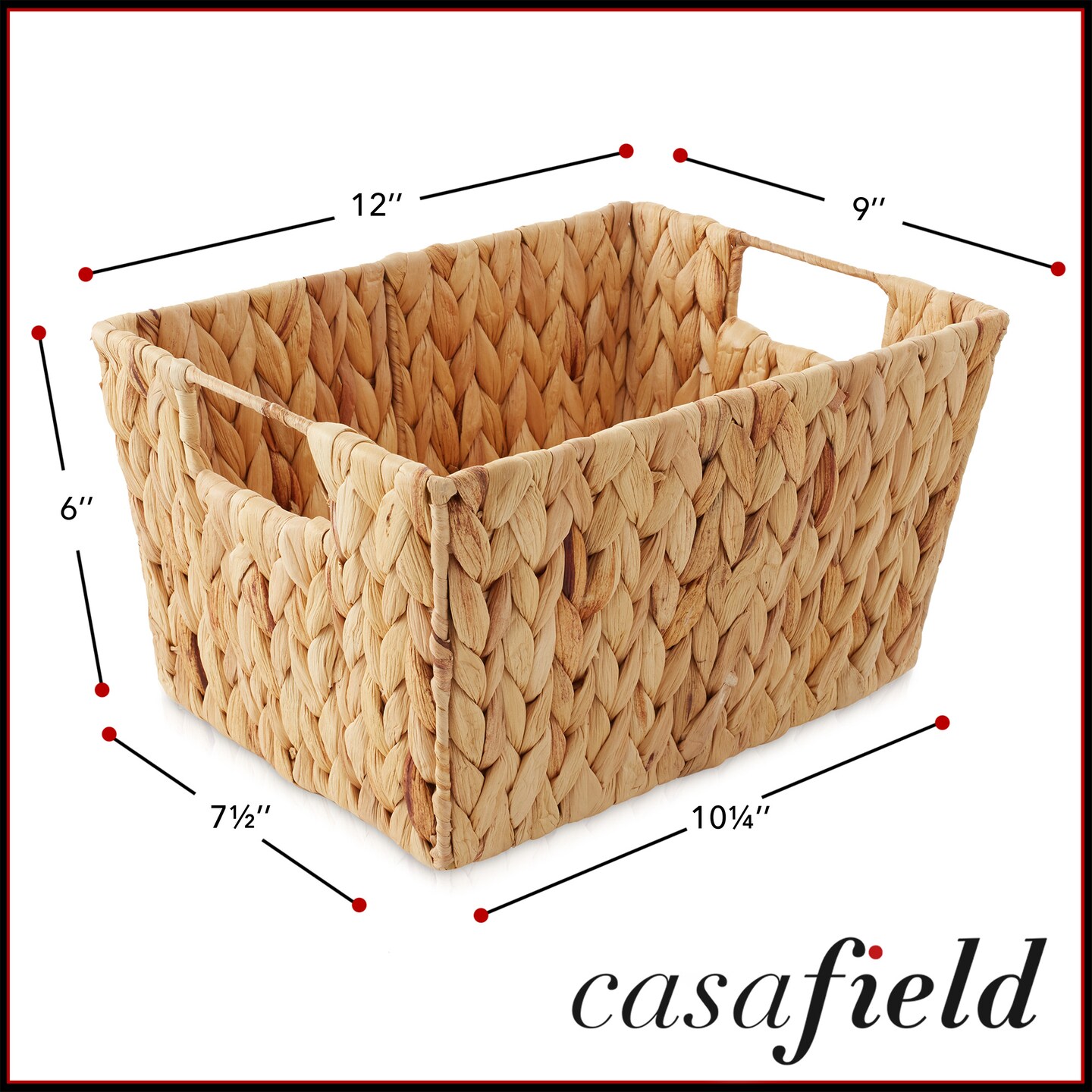 Casafield Set of 4 Water Hyacinth Seagrass Storage Baskets with Handles, Woven Rectangular Storage Bins for Shelves, Blankets, Laundry Organization