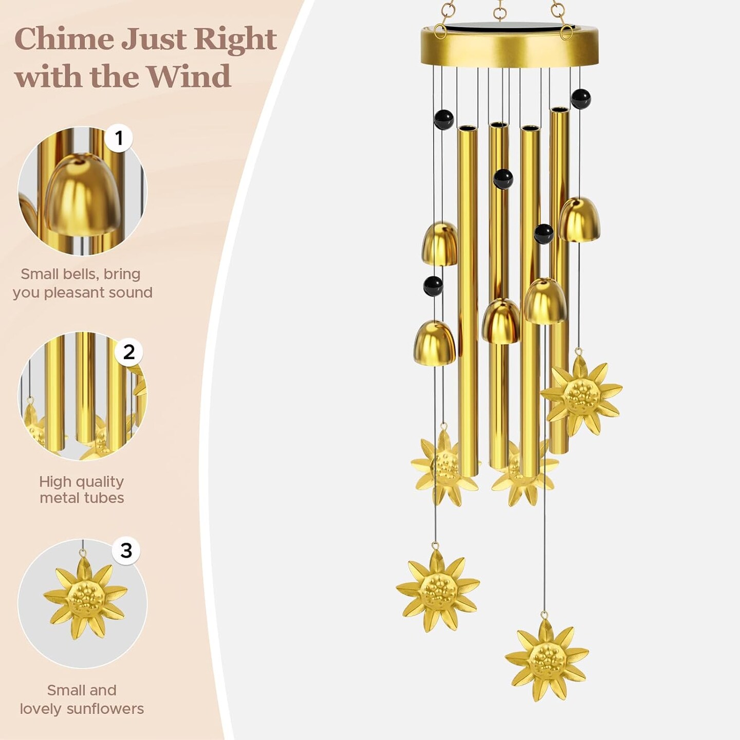 Sunflower Solar Wind Chimes for Outside, Waterproof Metal and Glass Wind Chimes Outdoors