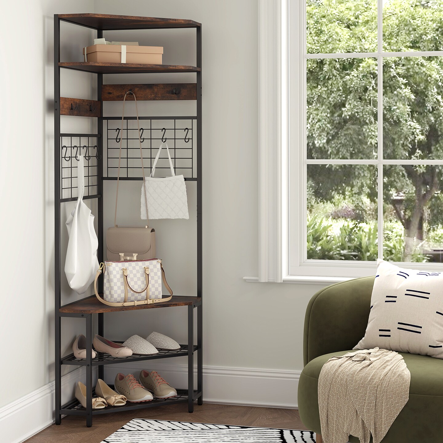 5-Tier Corner Hall Tree with Shoe Storage Bench
