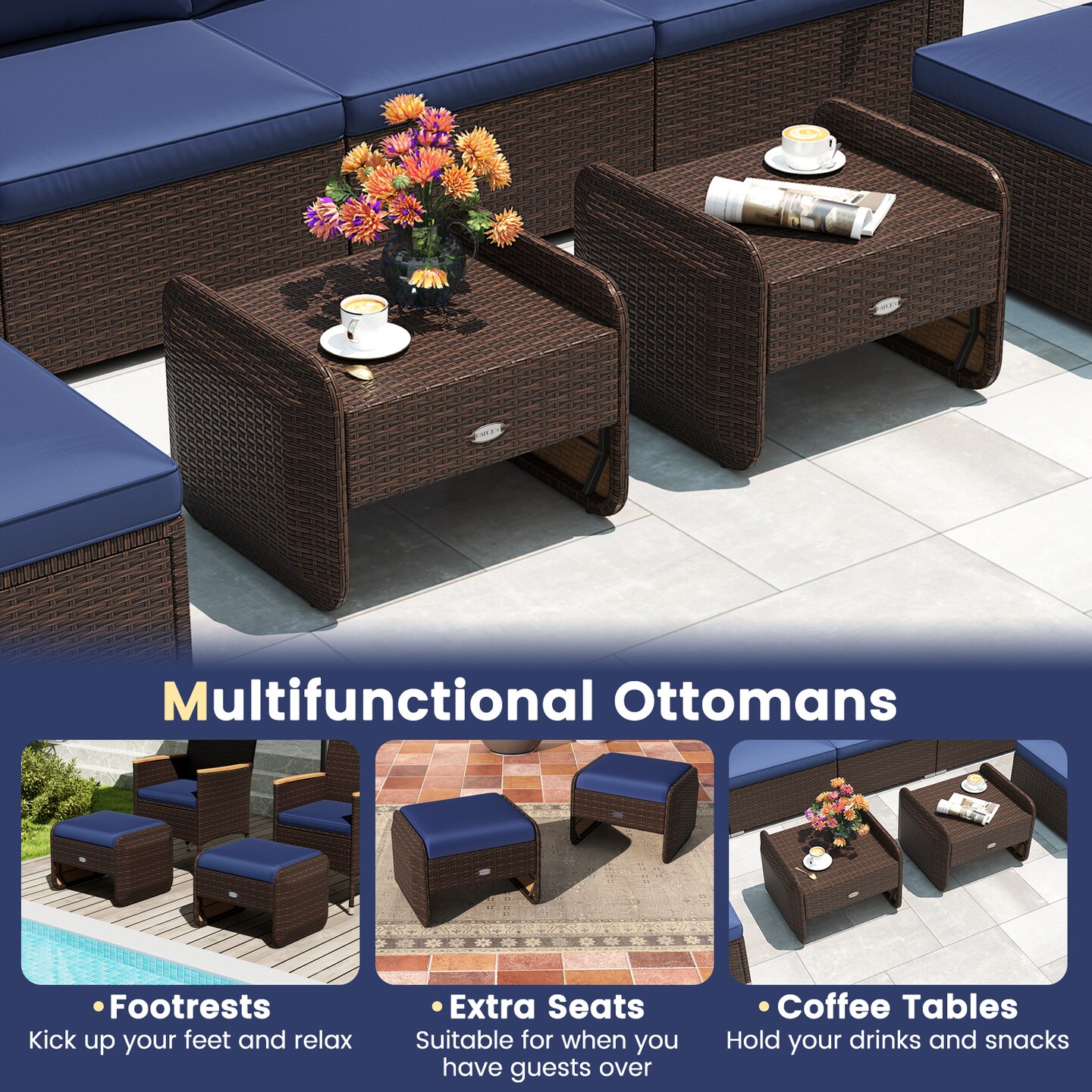2 Pieces Patio Wicker Ottomans with Metal Frame and Removable Cushions Perfect for Outdoor Seating