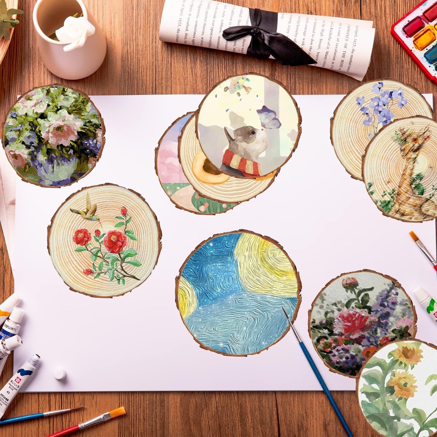 Unfinished Wood Slices for Centerpieces - 5.1-5.5 Inch,Round Natural Discs with Tree Bark, Wooden Cookies Circles for Crafts Christmas Ornaments, Rustic Wedding Decor