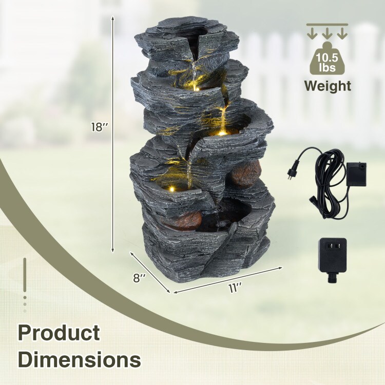 Indoor Outdoor Water Fountain with Warm LED Lighting, Resin Fiberglass Cascading Waterfall Decor for Patio Garden Office
