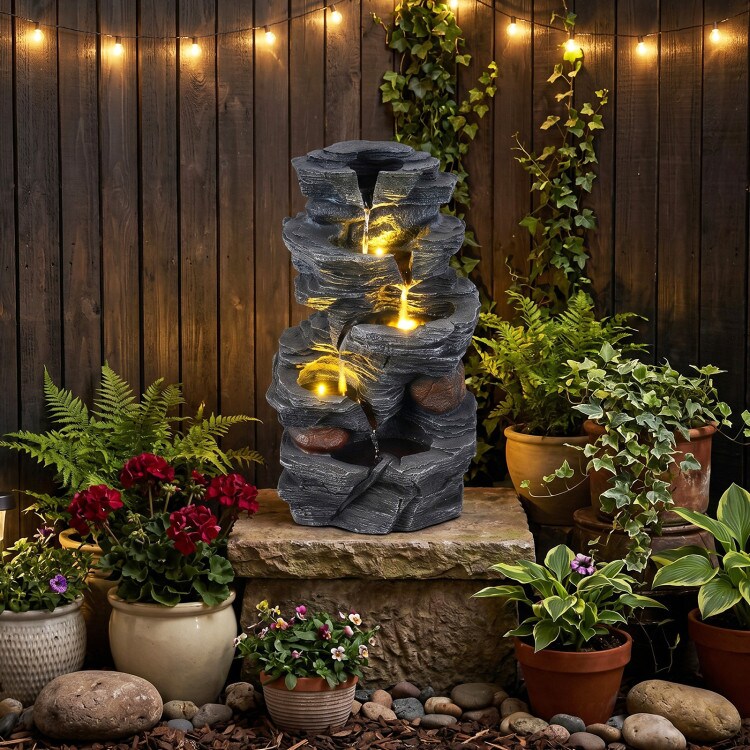 Indoor Outdoor Water Fountain with Warm LED Lighting, Resin Fiberglass Cascading Waterfall Decor for Patio Garden Office
