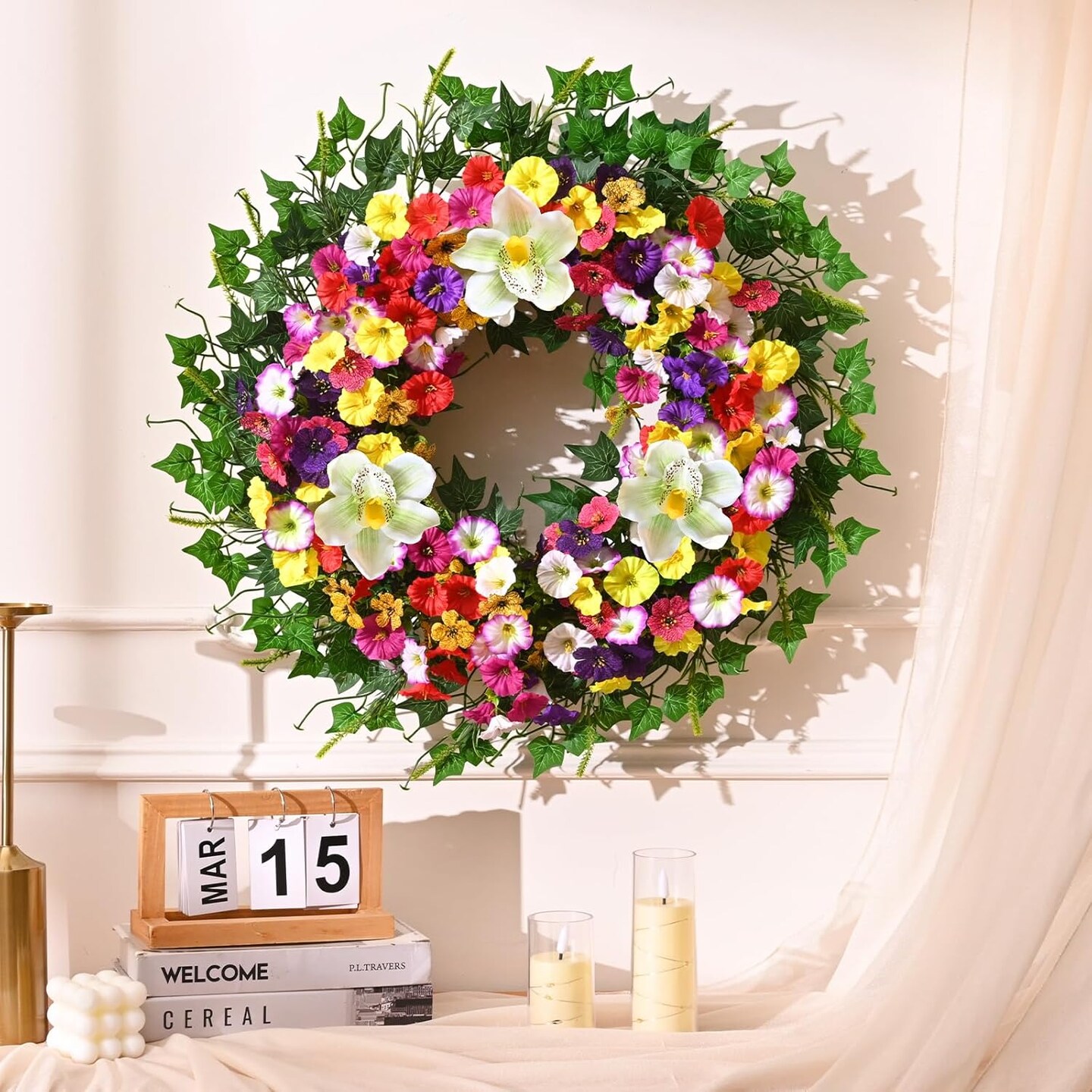 Spring Summer Wreaths for Front Door, 24 Inch Large Floral Door Wreath with Magnolia Petunia Flowers and Ivy Leaves, Farmhouse Spring Summer Wreath for Porch Wall Indoor Outdoor Decor
