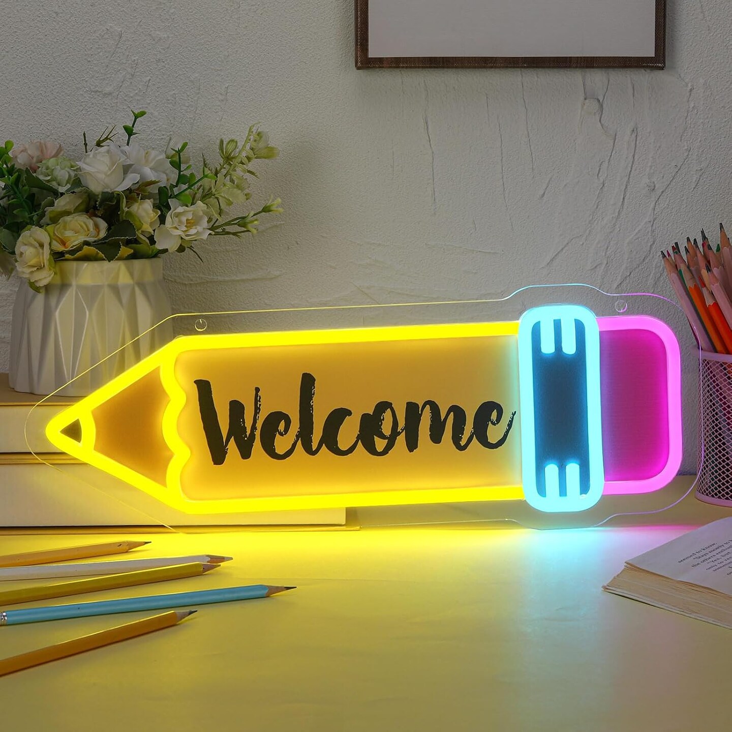 ウェルカムクラス ネオン看板 LED 学校 Pencil LED Neon Sign – 17x6 Inch Back to School Classroom Decor