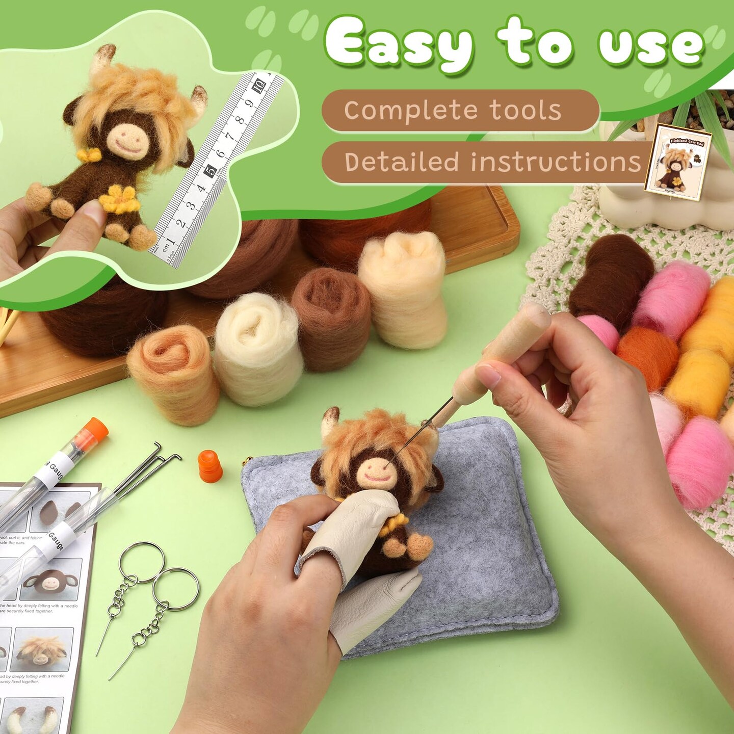 Needle Felting Kit, Highland Cow Needle Felt Beginner Kits with Instruction, Wool, Felting Needles, Felting Pad, Wool Felting Kit for Beginners Home Decoration