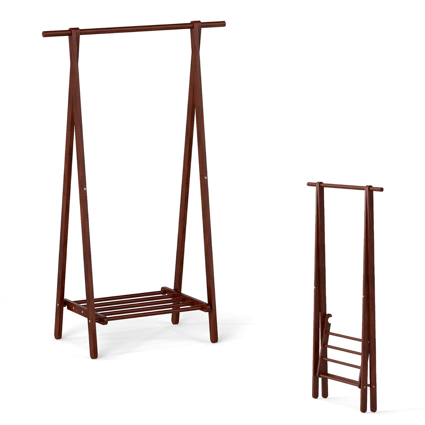 Folding Coat Rack Rubber Wood Standing Clothes Rack with Shelf Walnut