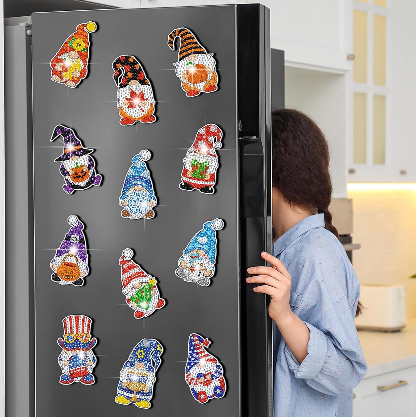 12-Piece Diamond Art Refrigerator Magnets – DIY Holiday Gnome Kits for Adults and Beginners, Interchangeable Home Decor and Craft Gifts