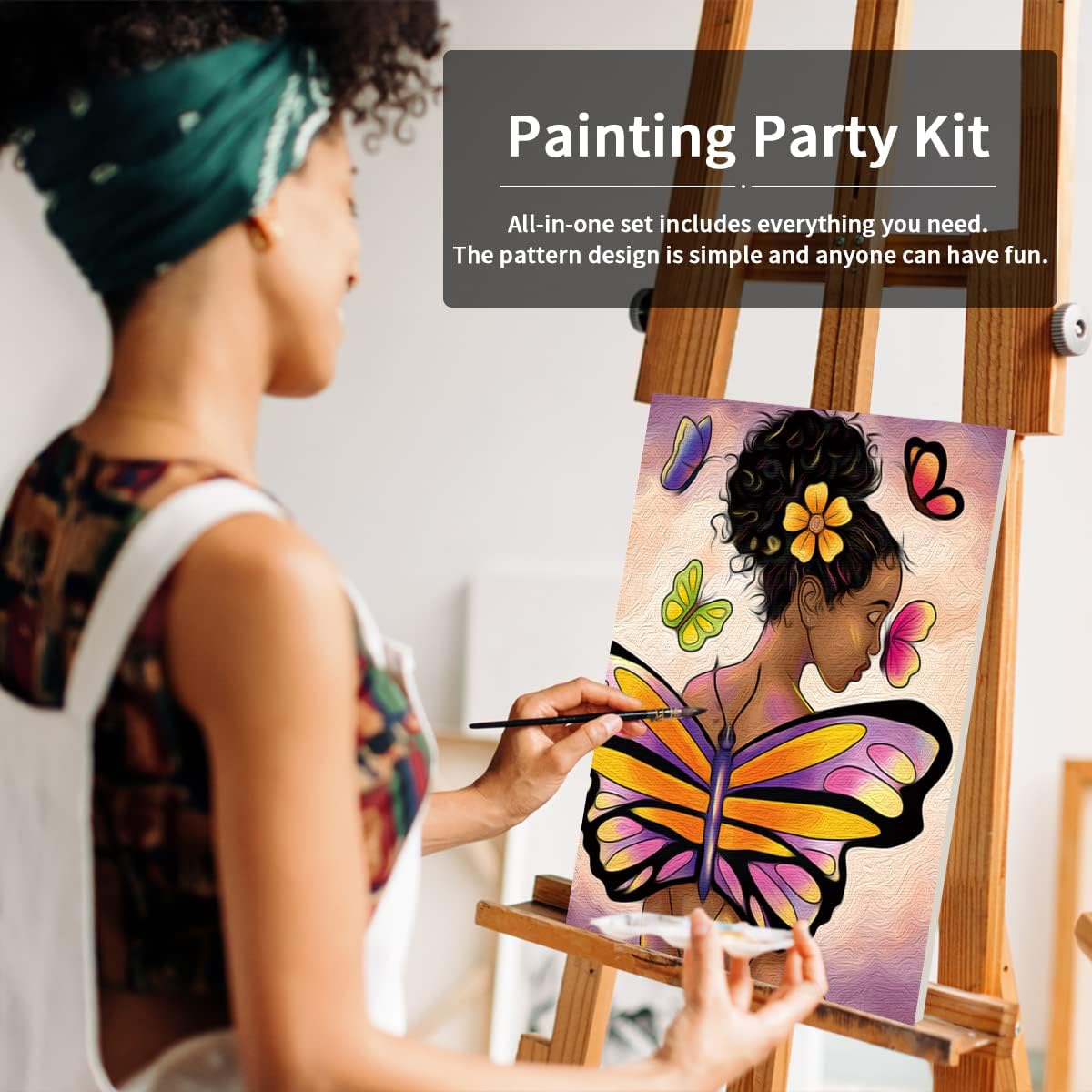 Painting Kit Pre Drawn Canvas for Painting for Adult Party Kits Paint and Sip Supplies 8x10 in Canvas Butterfly Girl 8 Acrylic Colors,3 Brush,1 Pallet Paint Art Set