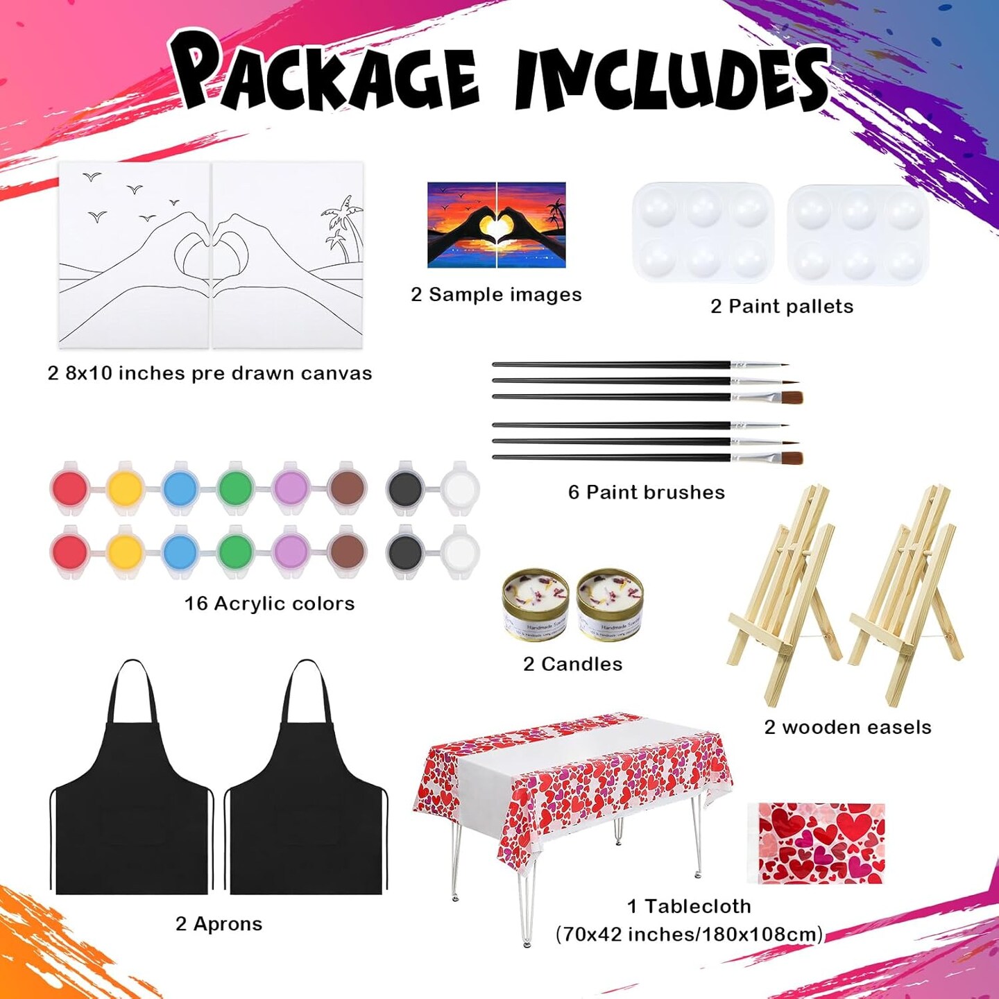 Date Night Idea Painting Kit for Couples Sip and Paint Kit for Adults Couples Pre Drawn Canvas to Paint for Adults Art Set Sunset Heart Valentine 2 Pack 8" X 10"