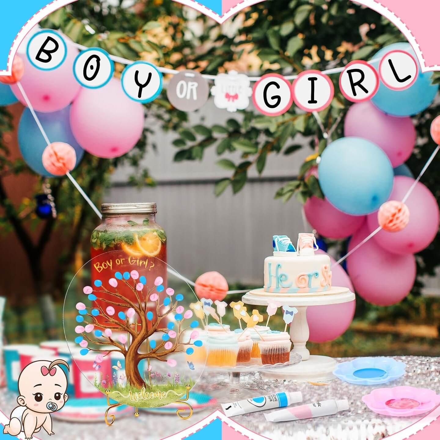 Gender Reveal Fingerprint Tree Boy or Girl Party Ideas Baby Shower Guest Book Party Game Gender Reveal Party Supplies for Baby Shower He or She Party Keepsake (Tree)