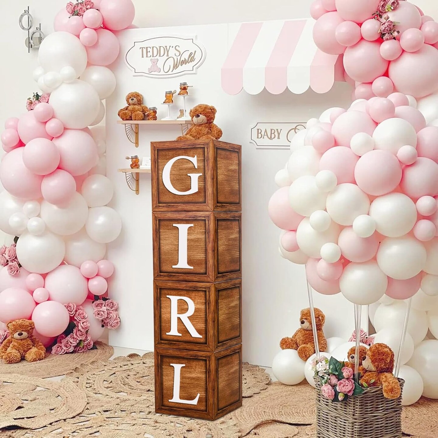 Brown Baby Balloon Boxes with 27 Letters - 4 Pcs Wooden Grain Baby Shower Blocks and A-Z+B Letters Woodland and Teddy Bear Decoration for Baby Shower, Gender Reveal
