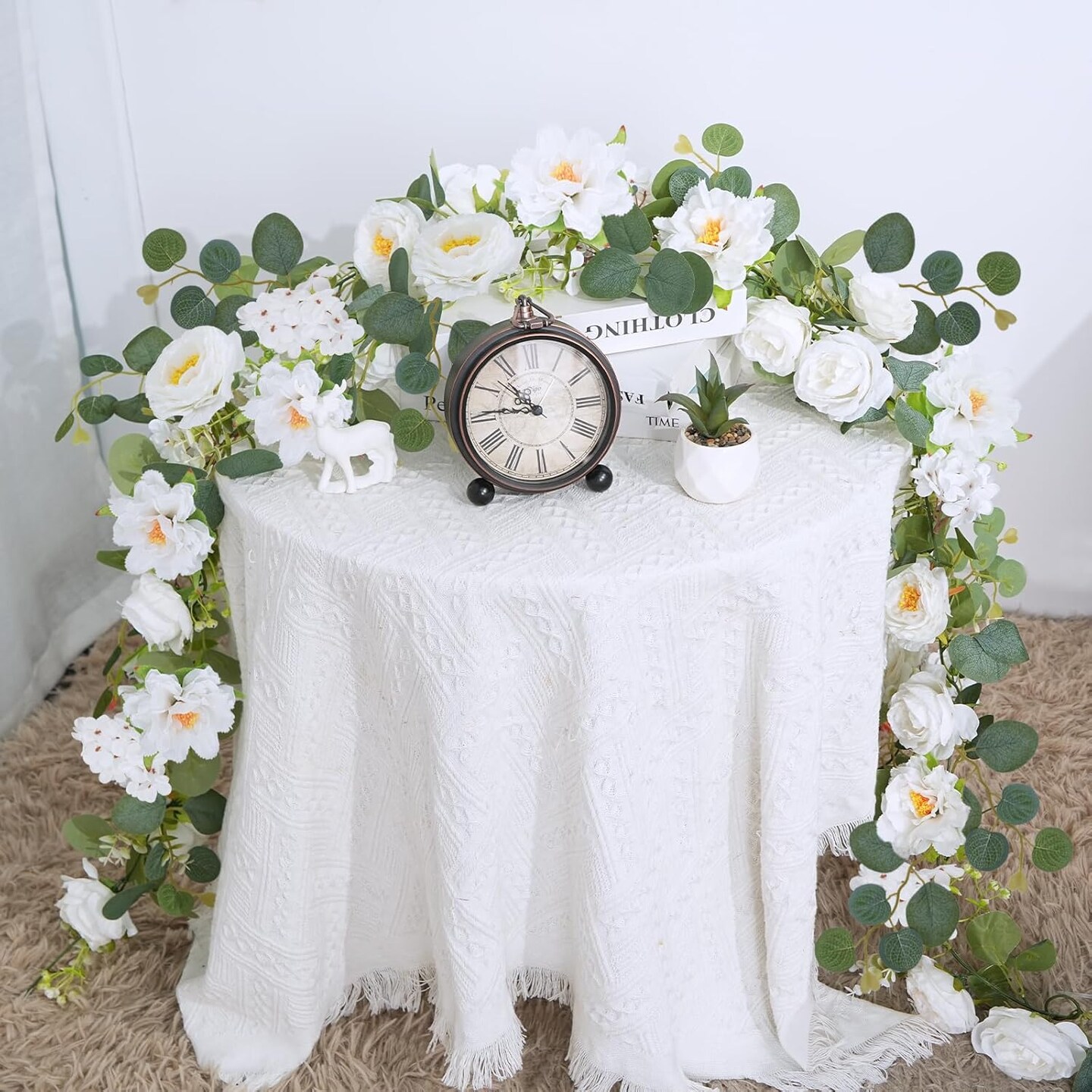 Summer Flower Garland,12FT Eucalyptus Greenery Garlands with 20 Flowers,Artificial Flower Vine Rose,Peony,Hydrangea,Dahlia,Floral Garland for Table Centerpiece Wedding Party Garden Decor