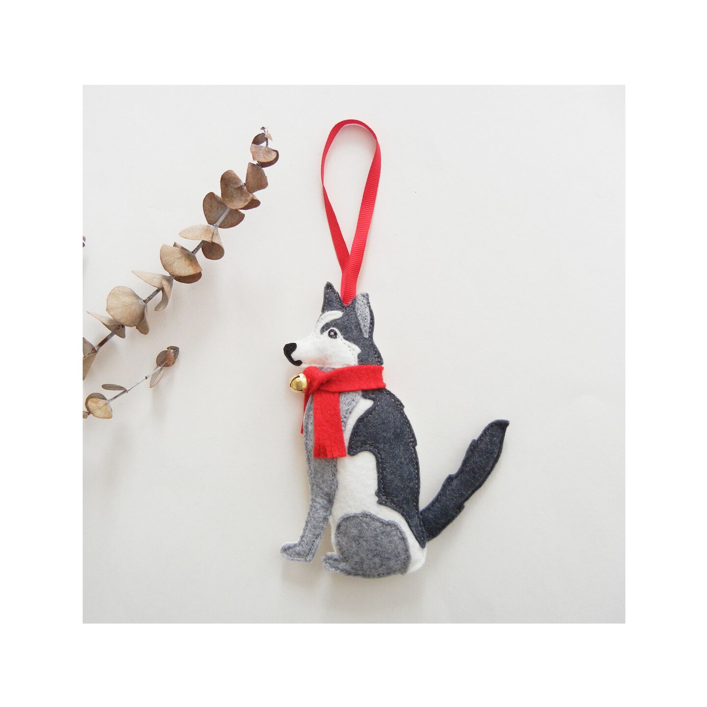 Siberian Husky White Dog Red Scarf Jingle Bells Wool Felt Ornament