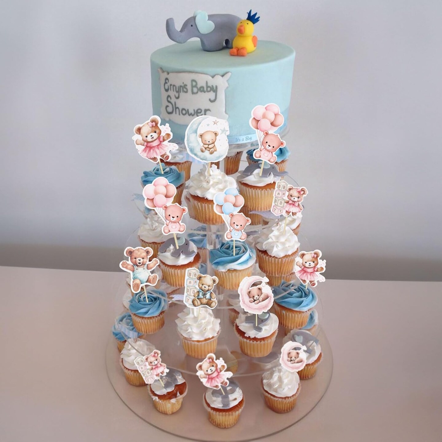 32Pcs Bear Cupcake Toppers Moon Baby Shower Cake Topper Decorations Jungle Animal Theme Birthday Party Cake Supplies Blue Pink