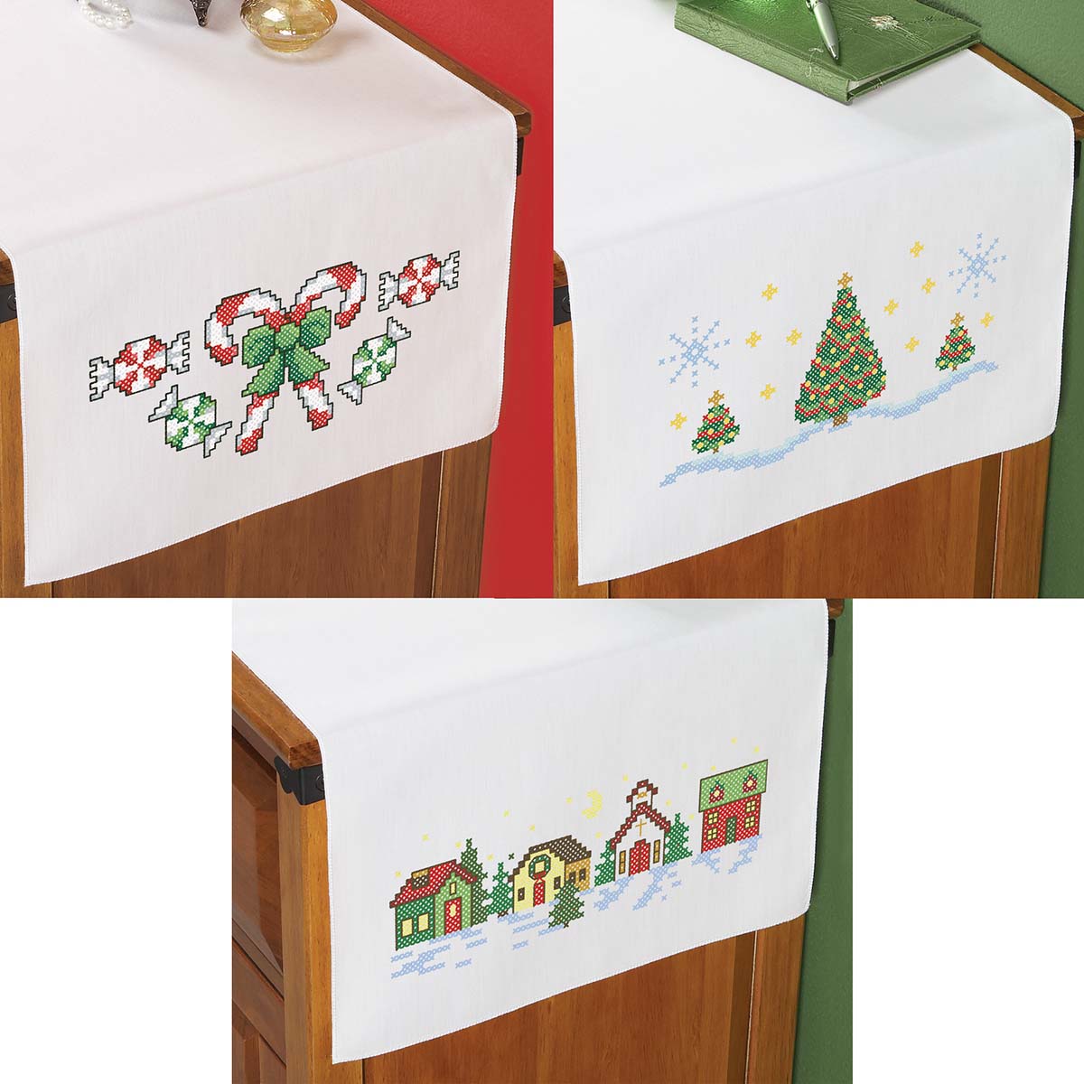 Herrschners Seasons Greetings Dresser Scarf Set Counted Cross-Stitch