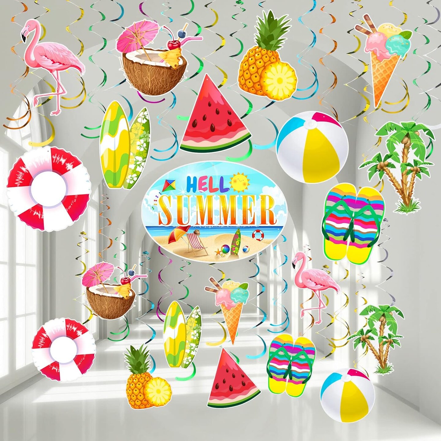 30PCS Summer Pool Party Hanging Swirls – Foil Ceiling Streamers for Beach, Hawaiian Luau, Birthday Party Decorations & Shower Supplies