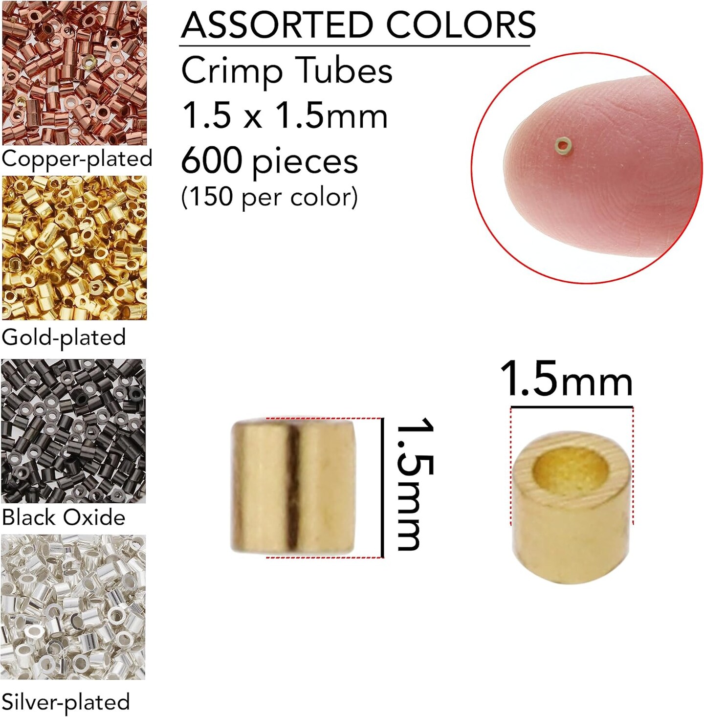The Beadsmith Tube Crimp Beads, 1.5 x 1.5mm, Assorted Colors, 600 Pieces, Uniform Cylindrical Shape, No Sharp Edges, Designed to Secure The Ends of Jewelry Stringing Wires and Cables