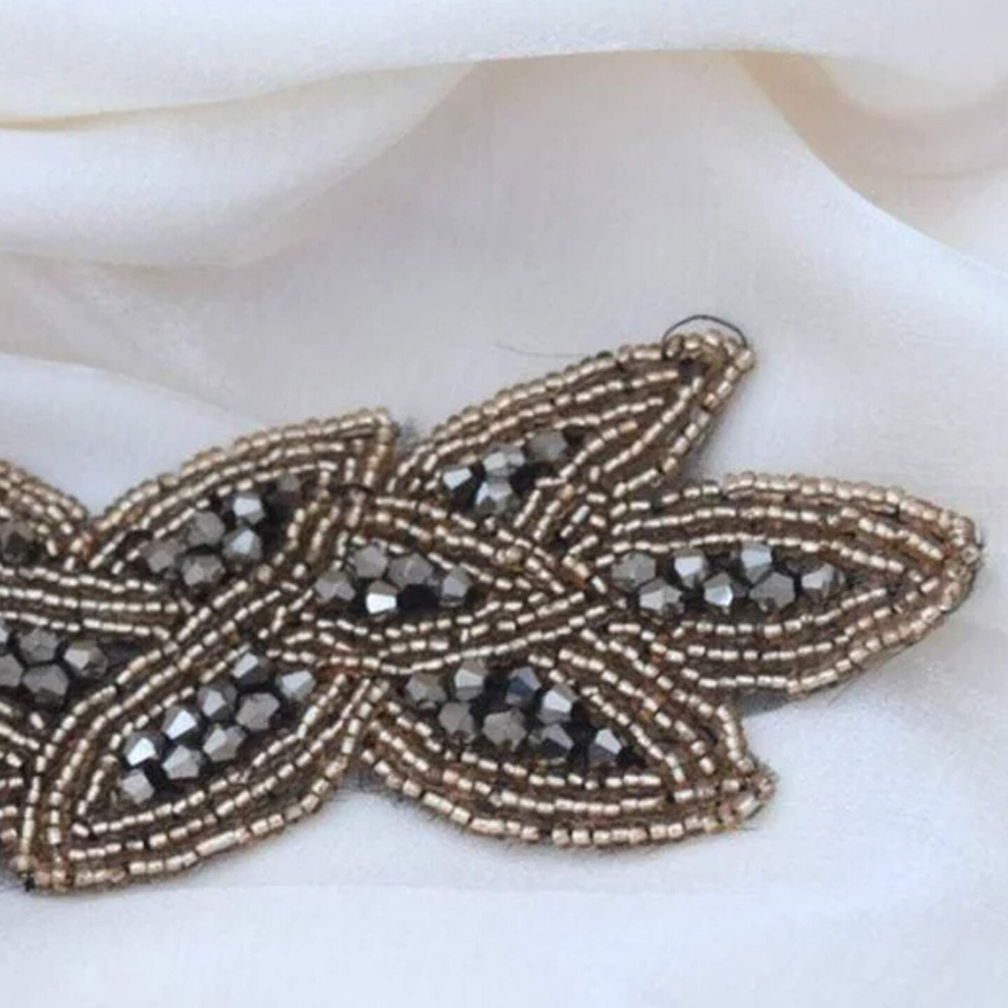 1 Piece 6&#x22;x2&#x22; Taupe Charcoal Beaded Applique Patch Iron On Rhinestone Embellishment