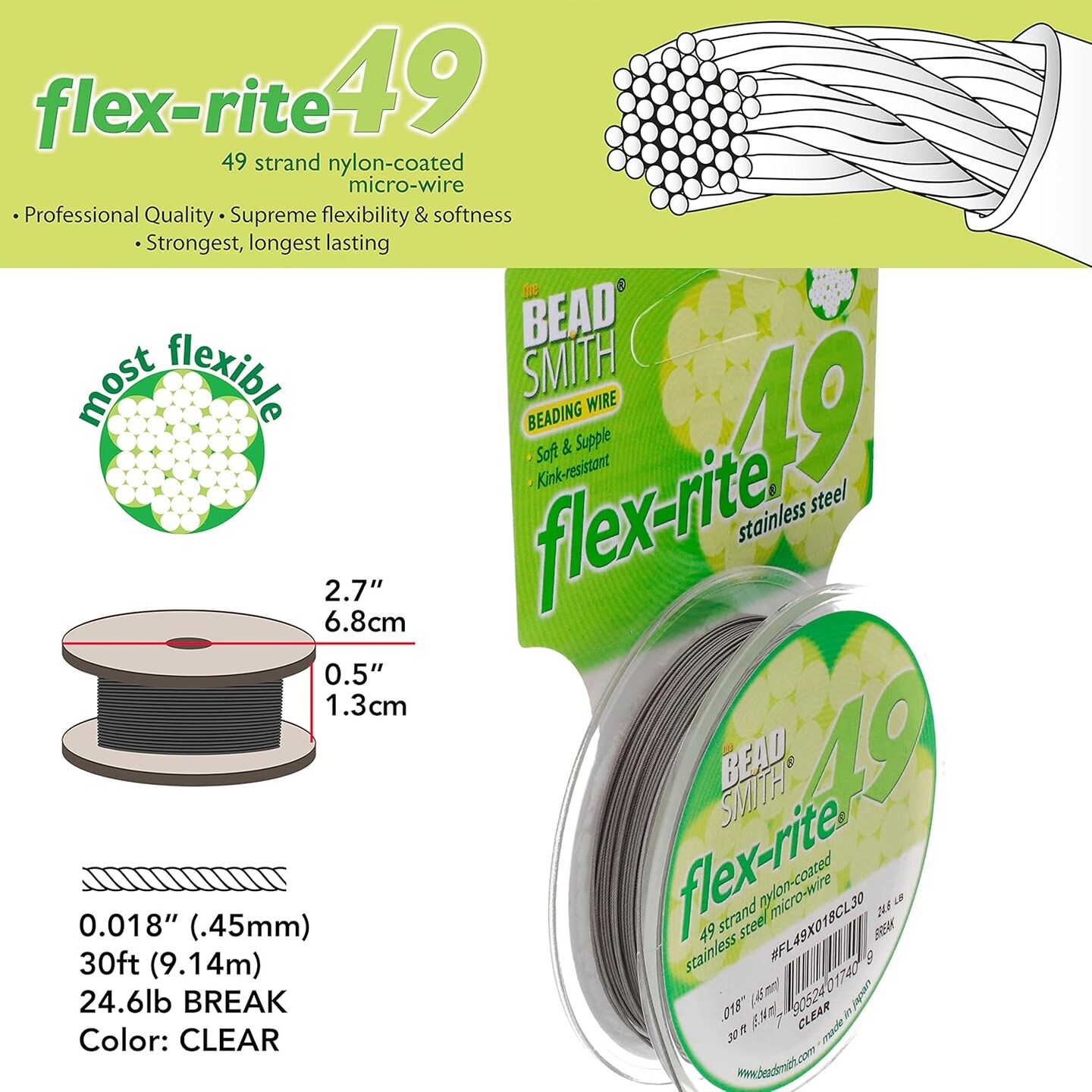 The Beadsmith Flex-Rite 49 Strand Nylon Coated, Stainless-Steel Beading Wire, Jewelry Making Supply (.018 Dia, Clear - 30 Ft)