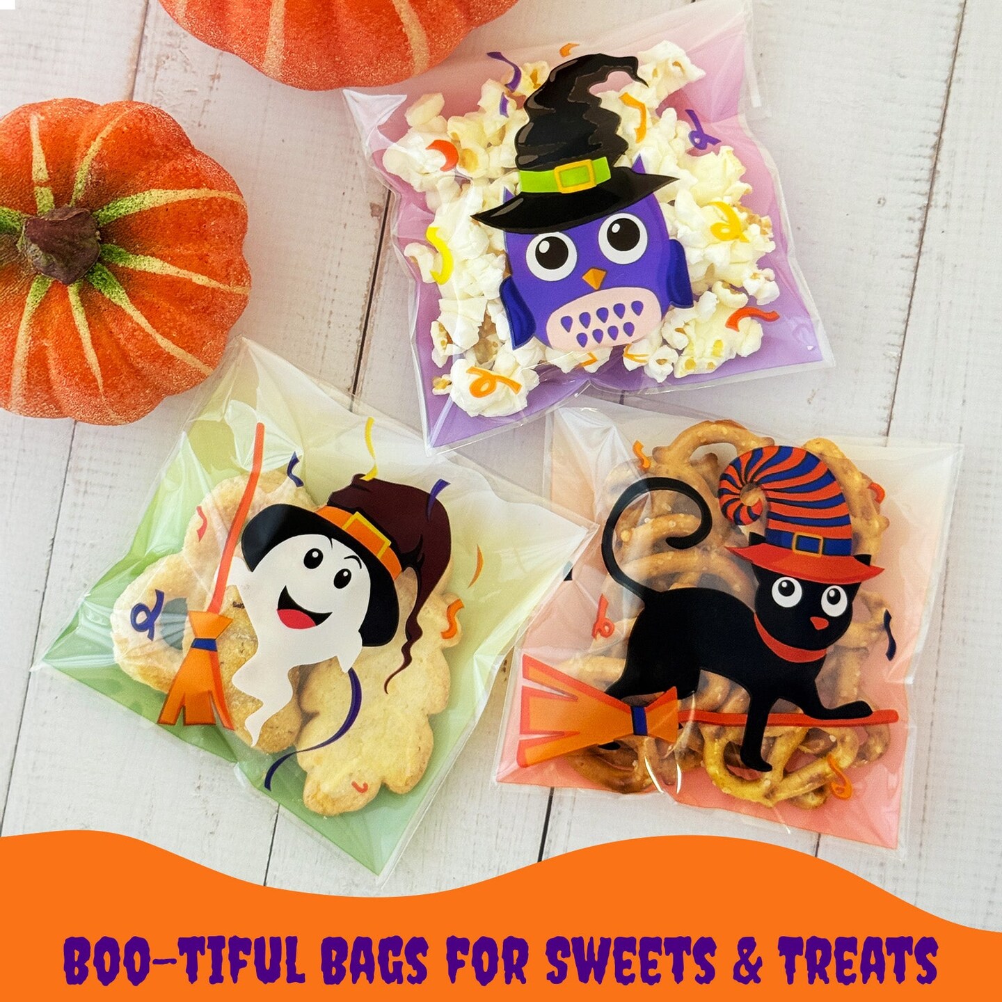 Wrapables Transparent Self-Adhesive 4" x 4" Candy and Cookie Bags for Party Favors, Trick or Treating (100pcs), Halloween