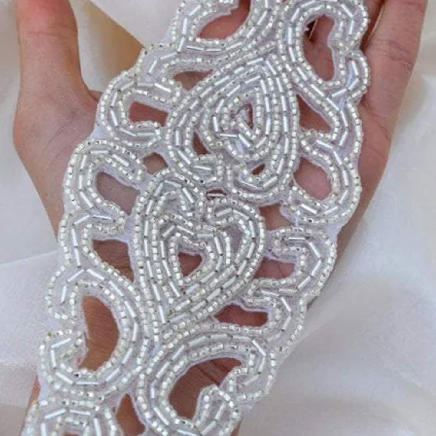 1 Piece 9.5" x 2.75" Silver Beaded Applique for Bridal Headpiece Wedding Gown Costume DIY
