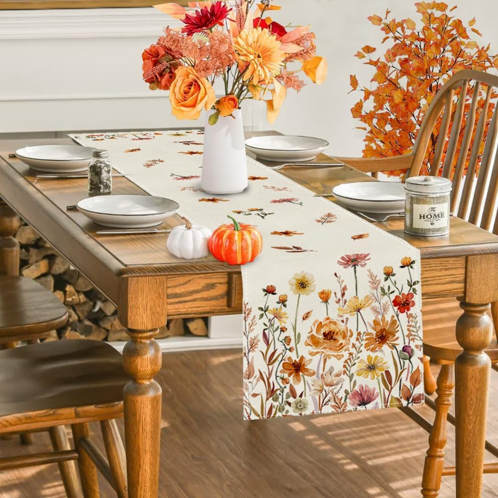 Fall Floral Table Runner 13x72 Inch, Autumn Fallen Leaves Decor- (Multicolor, 13&#x22; x 72&#x22;)