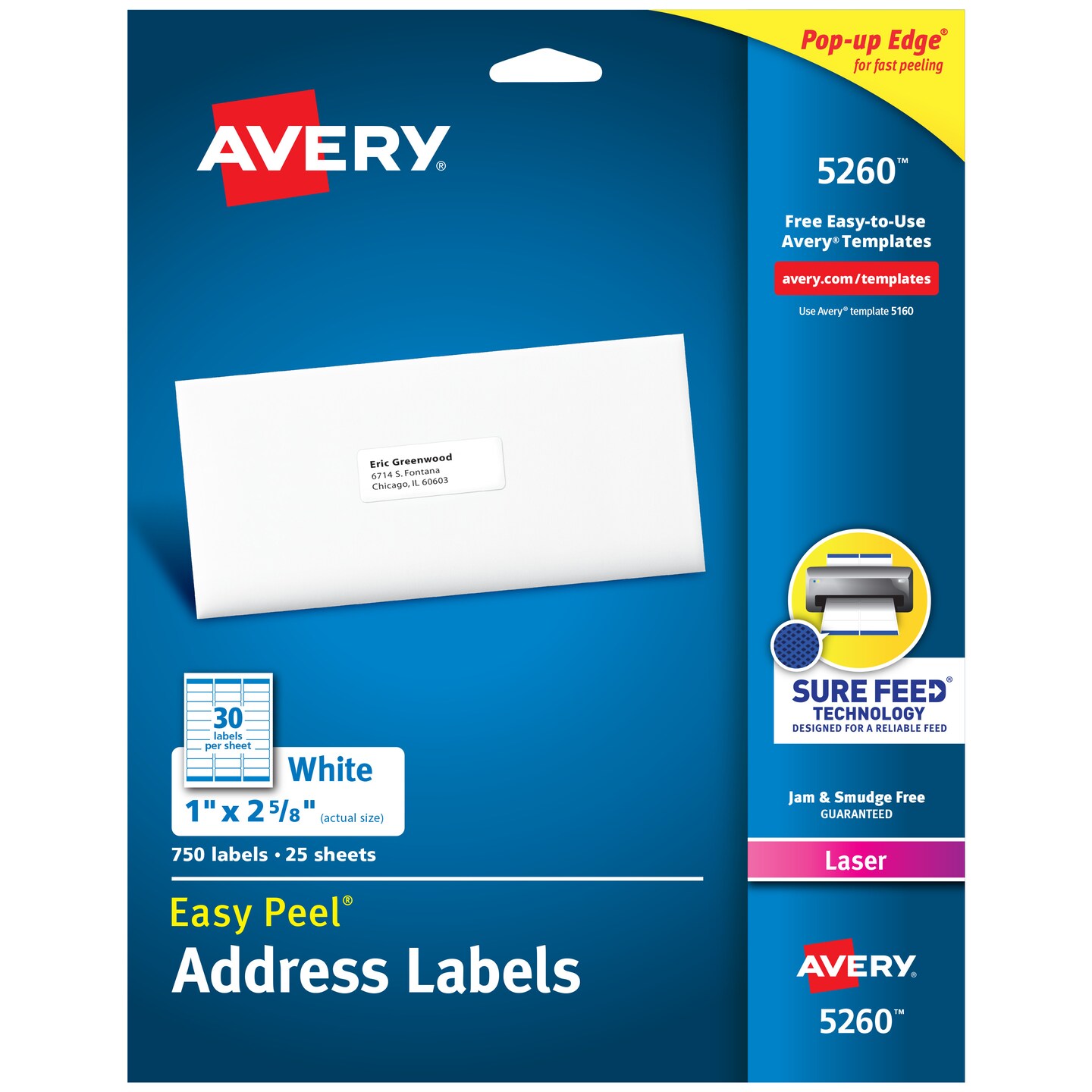 Avery Easy Peel Printable Address Labels with Sure Feed, 1" x 2-5/8", White, 750 Blank Mailing Labels for Laser Printers (5260)