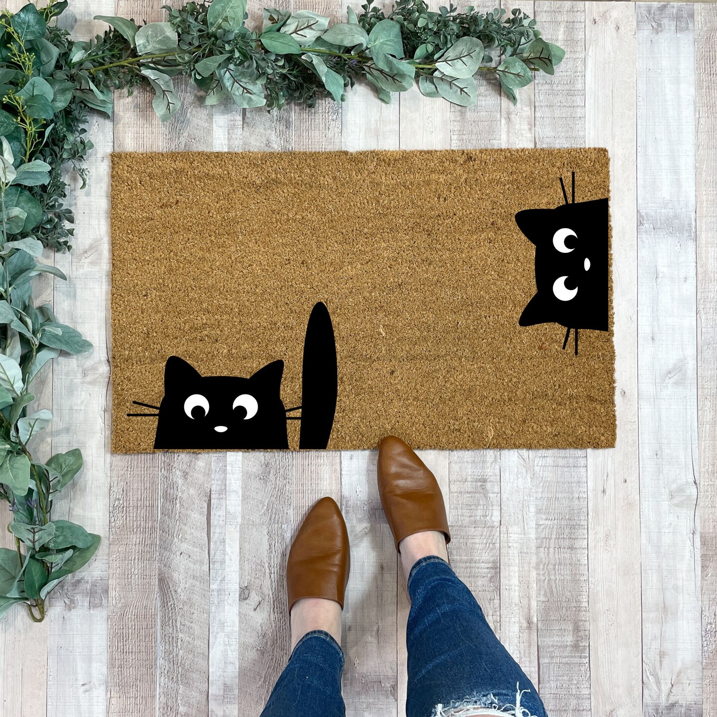 Black Cat doormat, Cat welcome mat, Cat Peeking Decor for porch