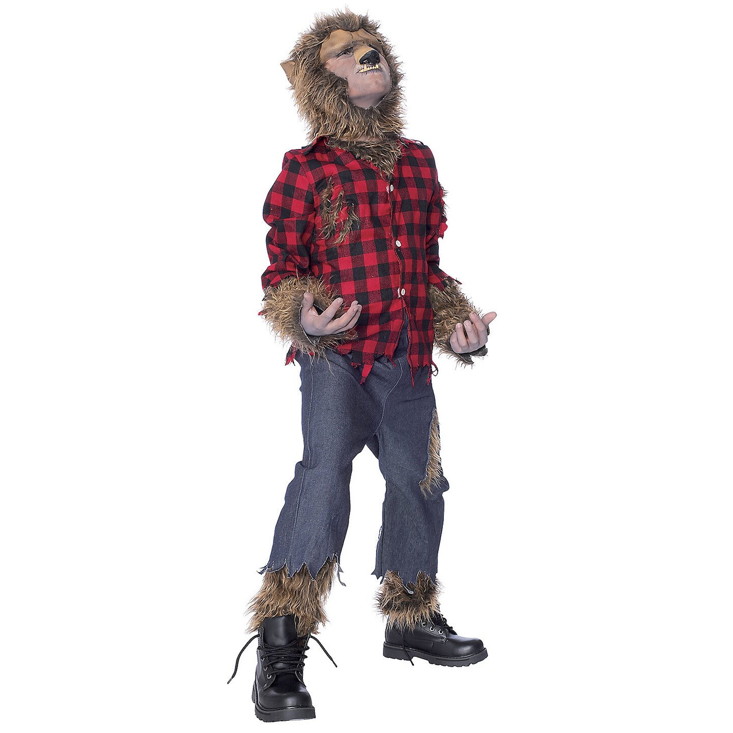 Boys Wolfman Costume Set with Fur Hood and Torn Shirt, Perfect for Costume Parties