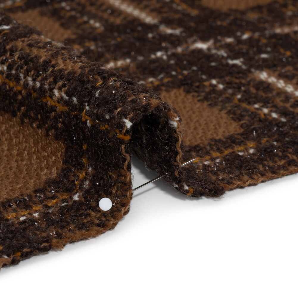 1 Yard Brown White and Metallic Black Boucle Plaid Wool Blend Tweed Deadstock