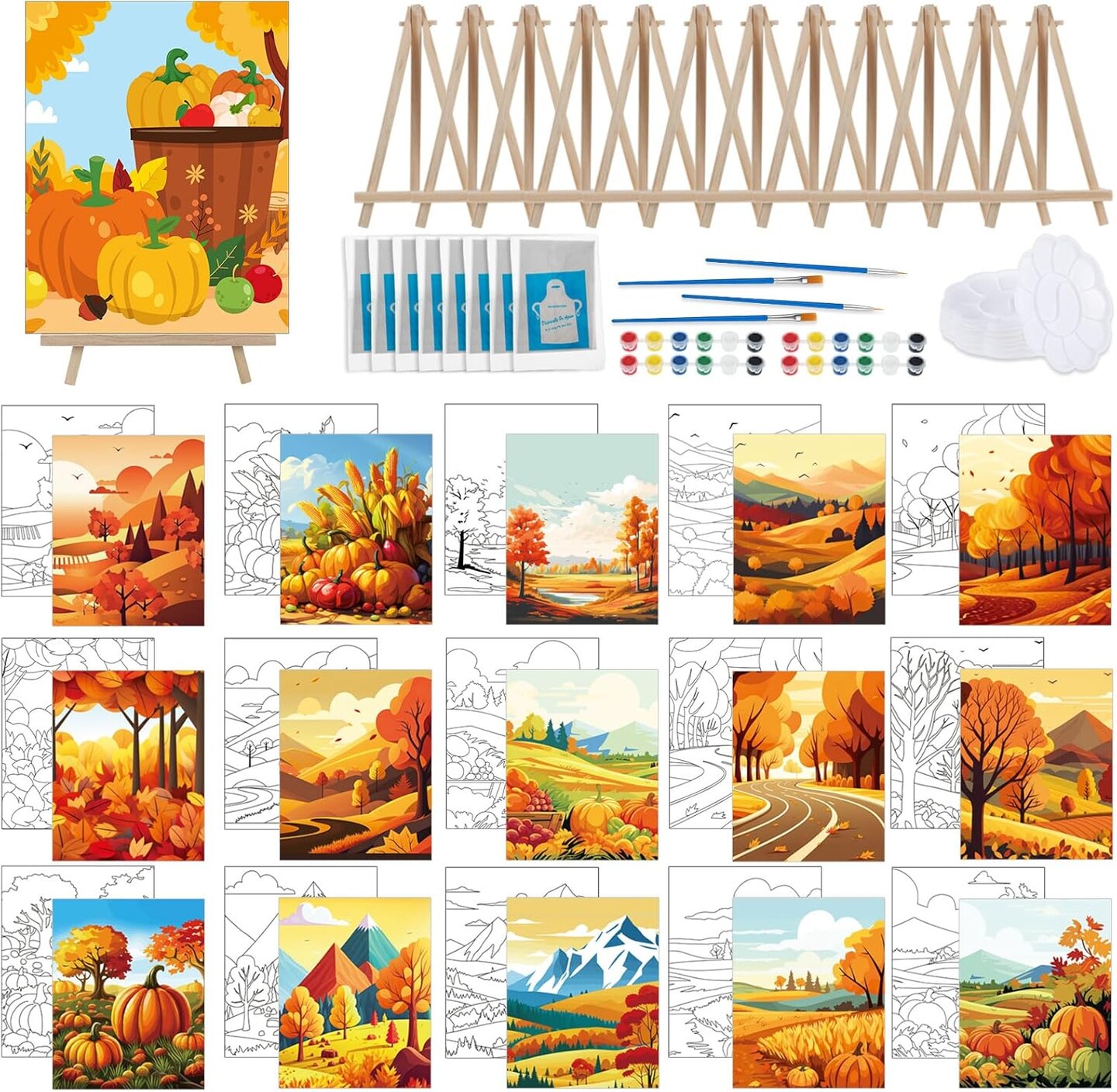 16 Set Pre-Drawn Canvas Painting Kit &#x2013; 8x10 Inch with Easels &#x26; Brushes (Fall)