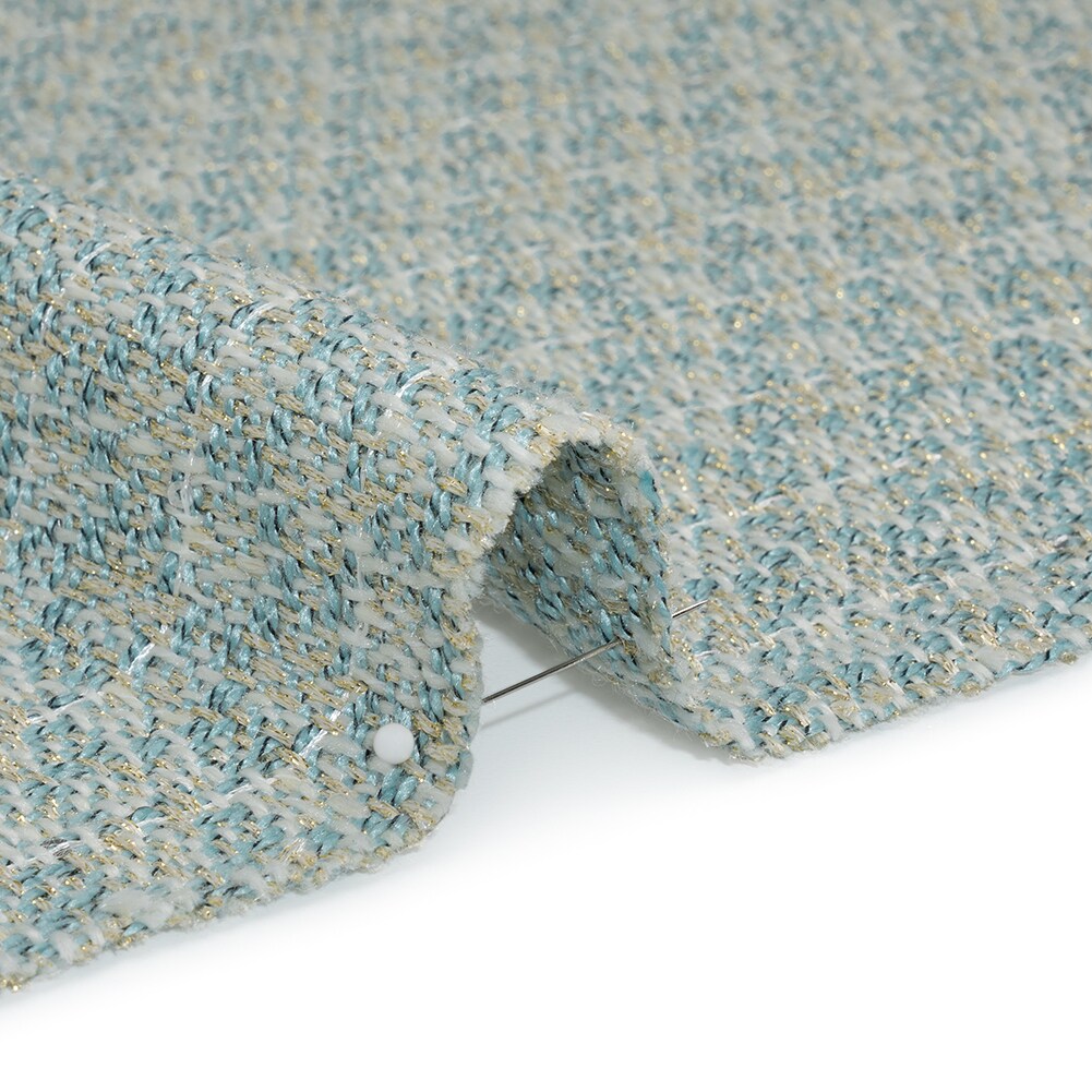 1 Yard Metallic Wool Blend Tweed with Baby Sequins Aqua White and Gold Deadstock