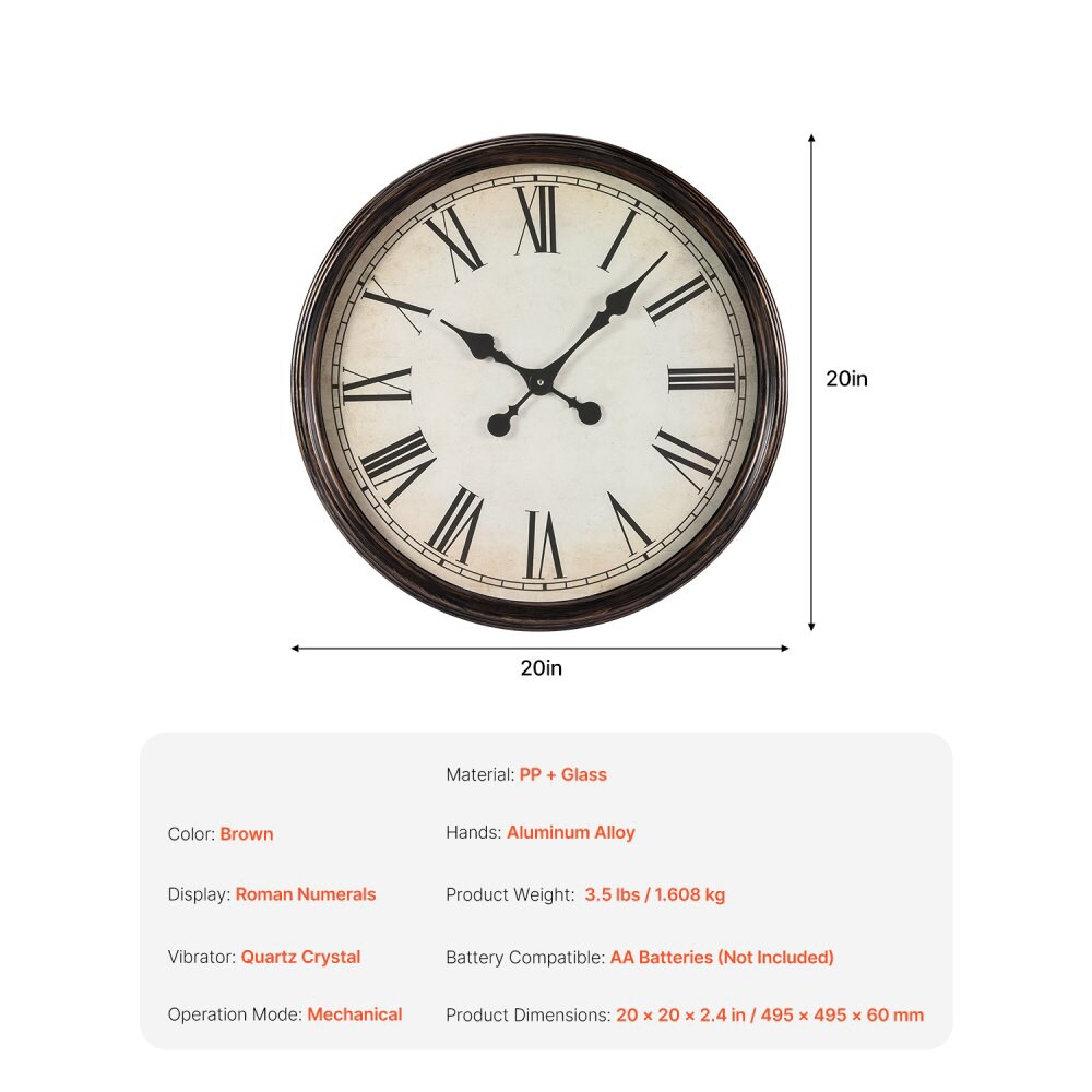 20 Inch Wall Clock with Roman Numerals Battery Operated Silent Round Clock Brown