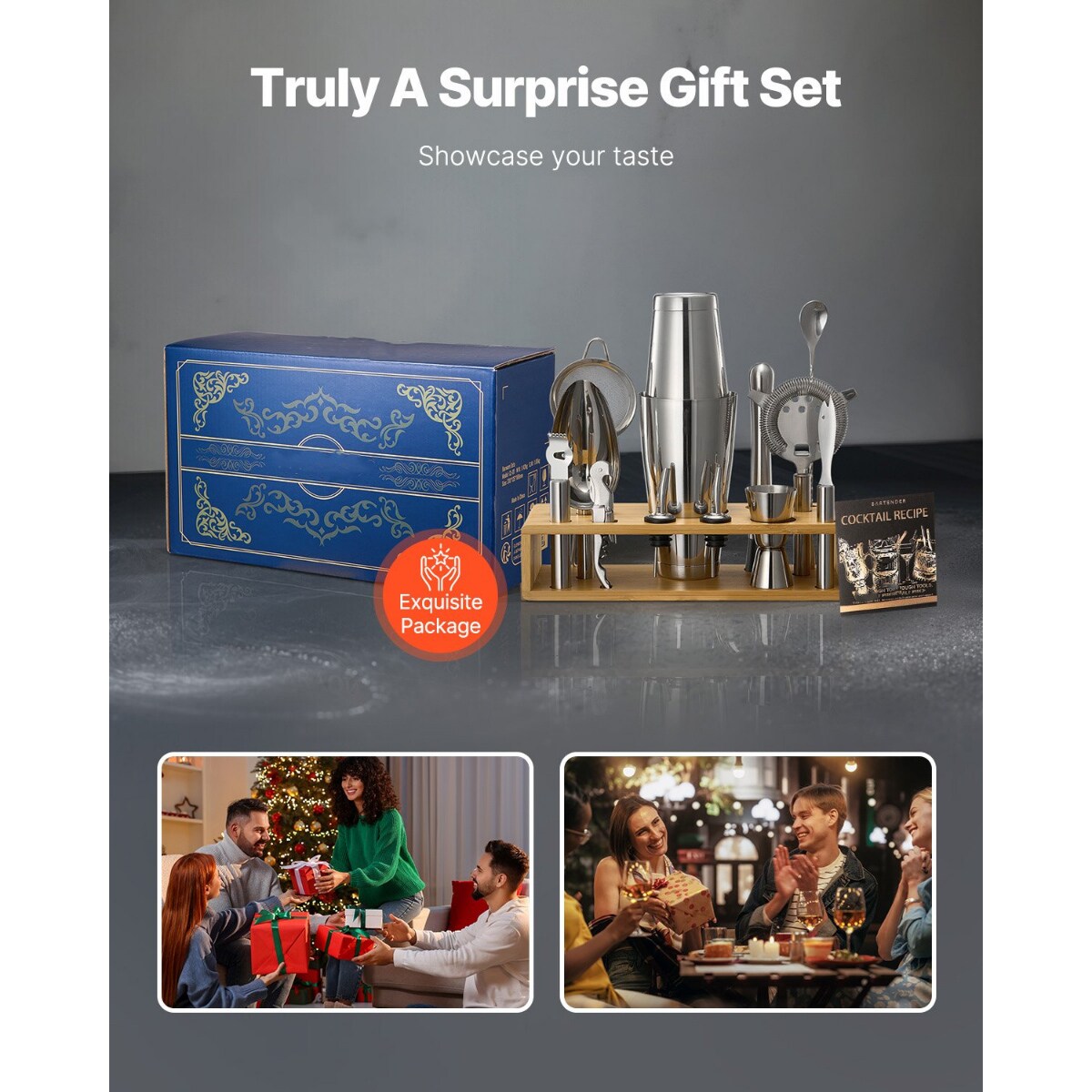 Stainless Steel Cocktail Shaker Set 13-Piece Bar Tools with Bamboo Stand for Home Bar