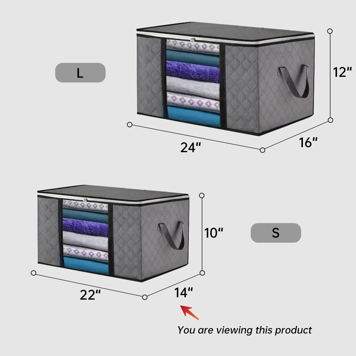 VUSIGN 14″ × 22″ Wardrobe Zippered Storage Box Small Dark Gray – Large‑Capacity Fabric Organizer with Zippered Lid, Dust‑Proof & Fold‑Flat, Dark Gray