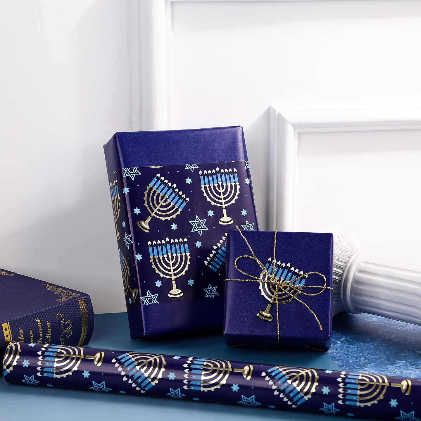 Reversible Hanukkah Wrapping Paper - Mini Roll - 17 Inch x 33 Feet - Blue Menorah Lights Chanukah Wrapping Paper Perfect for Hanukkah, Chanukah, Holiday