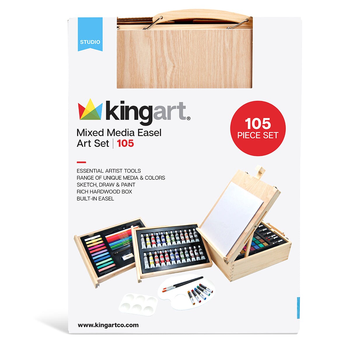 KINGART® Mixed Media Art Set, Table-Top Sketchbox Easel, 105 Pcs