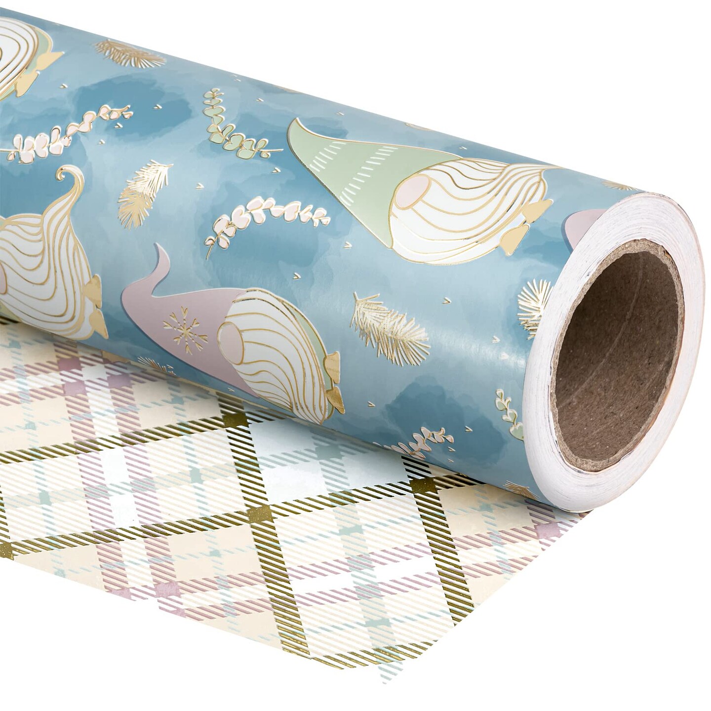 Reversible Christmas Wrapping Paper - Mini Roll - 17 Inch x 33 Feet - Blue Purple Gnome and Plaid Design with Metallic Foil Shine for Holiday, Party, Celebration