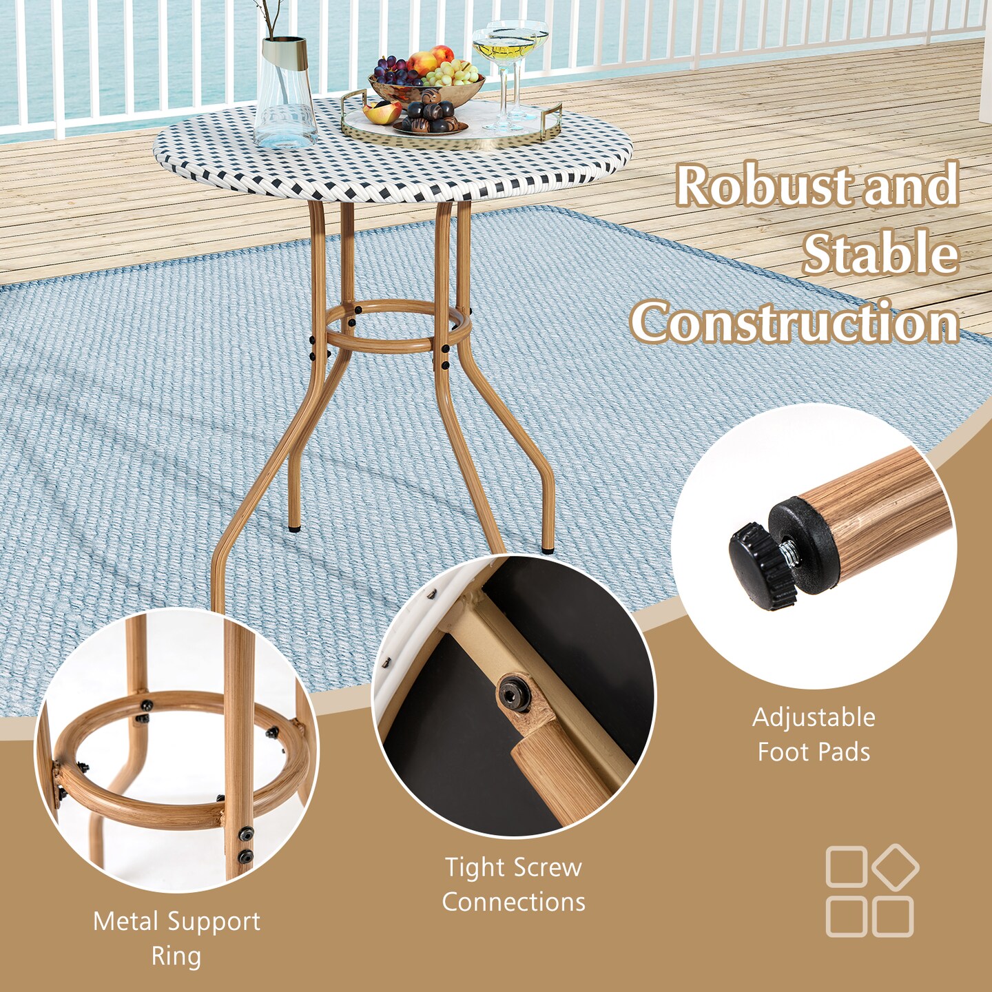 Round Patio Bistro Table for Two, Hand-Woven PE Rattan with Sturdy Metal Frame for Outdoor Use