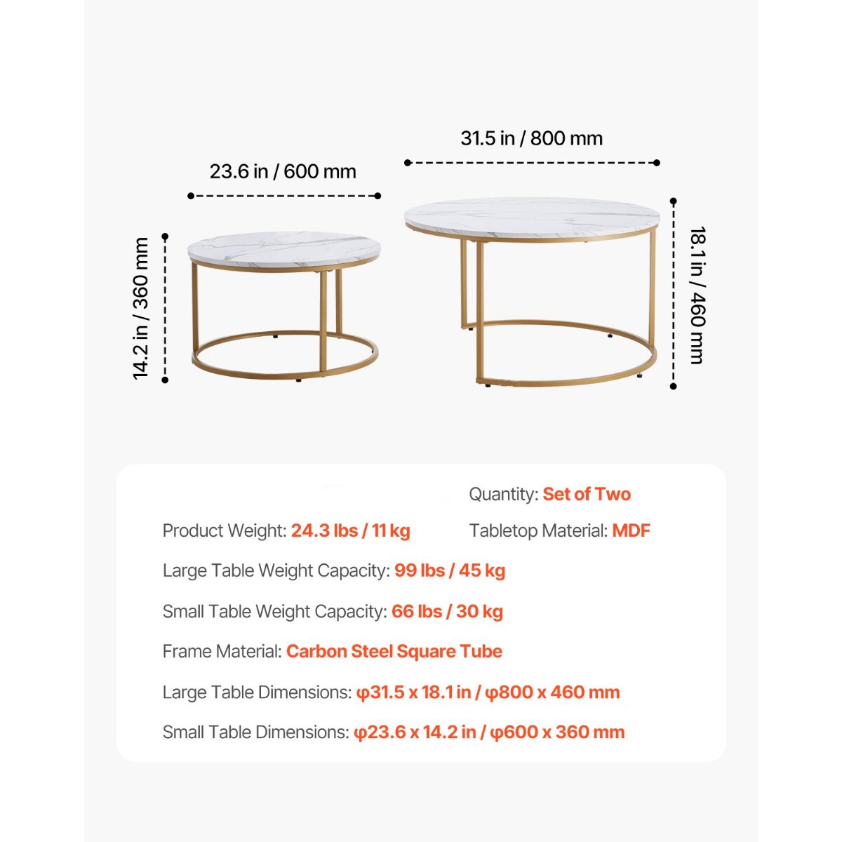 Tempered Glass and MDF Round Nesting Coffee Table Set with Carbon Steel Frame